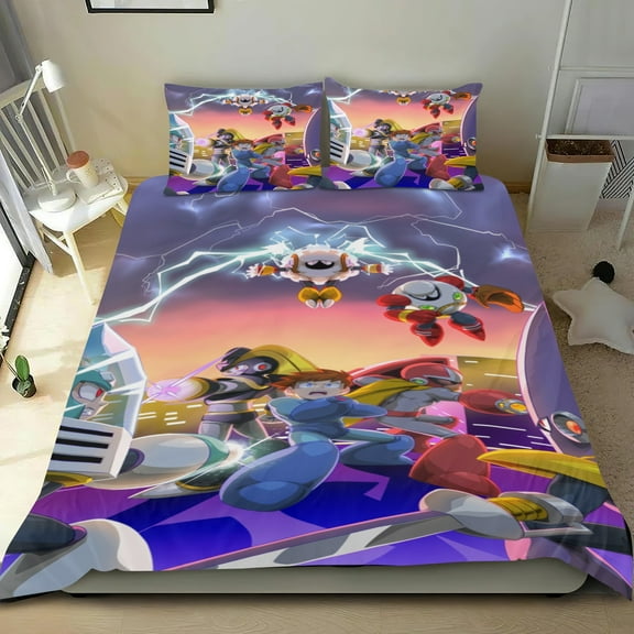 megaman Themed Bed Sheet Set Three Piece Set 53x79 Inches Comfortable And Skin Friendly Unique Design Creating A Star Studded Night Home Decor Gifts For Family Friends fans