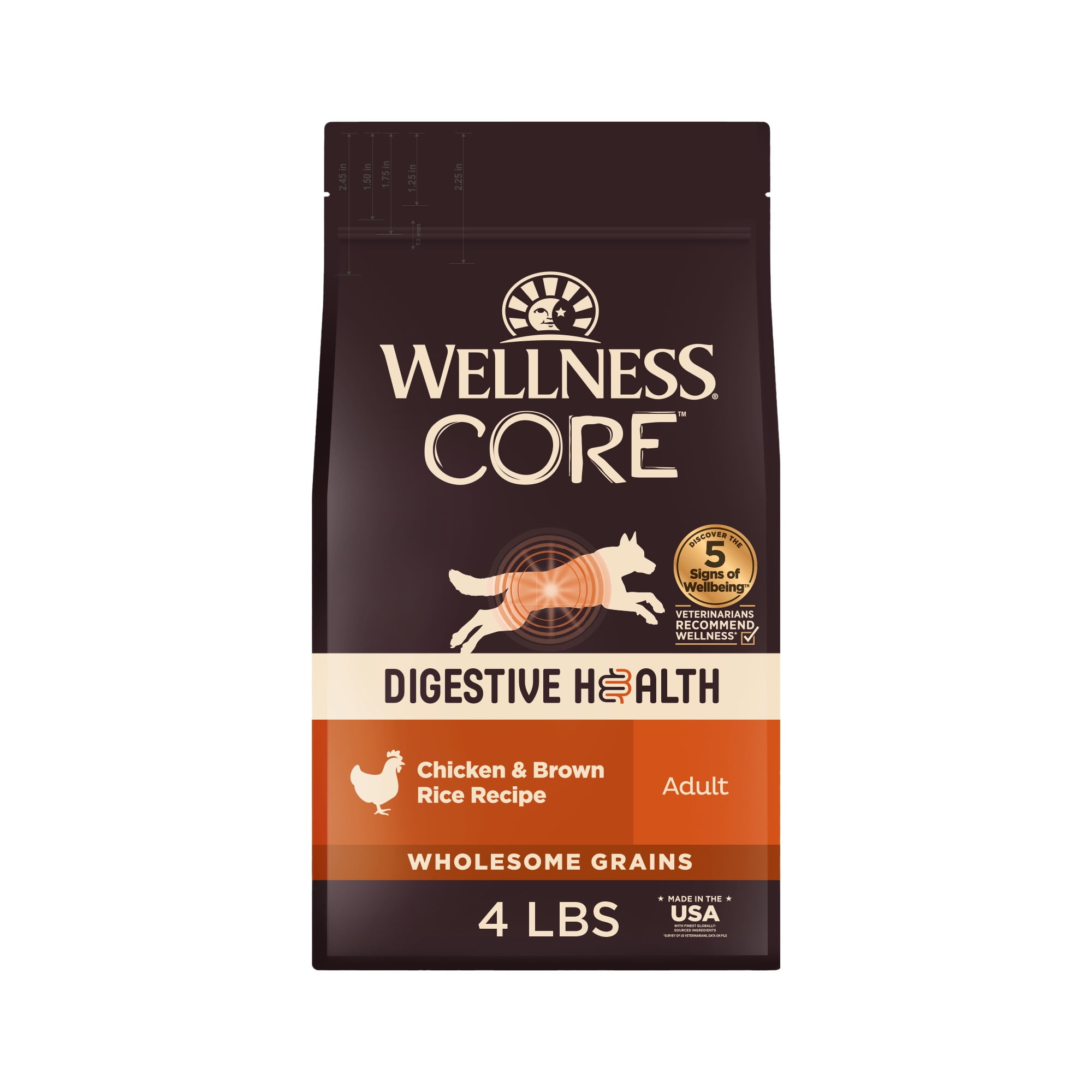 Wellness CORE Digestive Health Adult Dry Dog Food, Wholesome Grain Kibble, Sensitive Stomach, Natural, High Protein, Chicken Recipe, 4 lb Bag