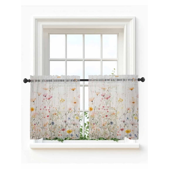 Spring Flowers Tier Curtains 36 Inch Length,Sheer Curtains for Bedroom Living Room,Watercolor Wildflowers Farmhouse Floral Rod Pocket Voile Drapes Kitchen Curtains for Small Window 27.5"x36" 2 Panels