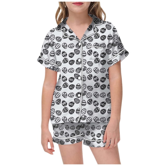 MIASHUI Pyjama Boutonné 2 Pcs Garçon Fille Imprimé de Pâques pour Enfants, Gris Clair, 4-5 Ans