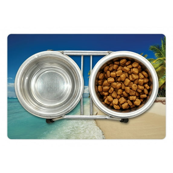 Island Pet Mat for Food and Water, Sunny Beach Landscape Art Image at Exotic Island Under Open Sky, Non-Slip Rubber Mat for Dogs and Cats, 18" X 12", by Ambesonne