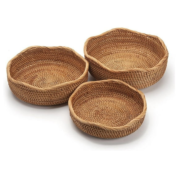 NEW Rattan Bread Baskets Round Woven Fruit Bowls Key Holders Stackable for Storage, Snack, Fruit, Vegetable Natural Set of 3