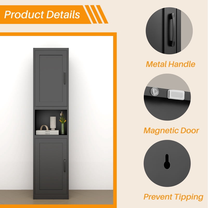67" Tall Storage Cabinet, Bathroom Linen Tower with Reversible Doors, Freestanding Steel File Cabinet with Adjustable Shelves
