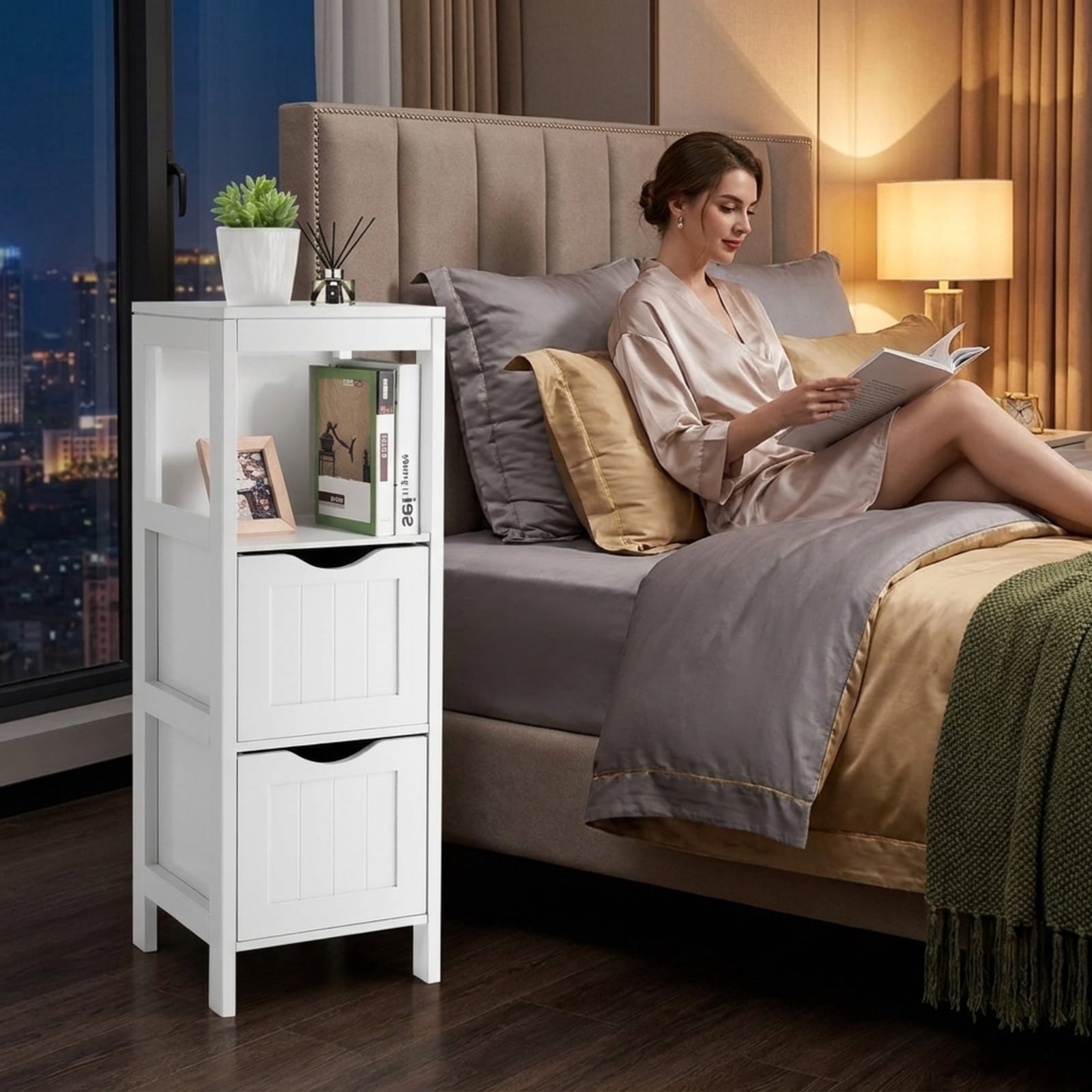 SUGIFT Freestanding Bathroom Storage Cabinet with 2 Removable Drawers, Narrow Wood Floor Storage Cabinet with Open Shelves, Slim Accent Cabinet for Bathroom Kitchen, White