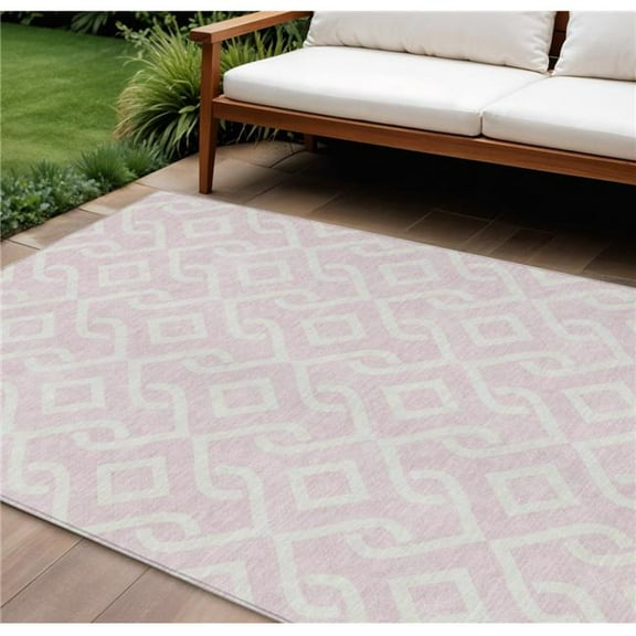 HomeRoots 578945 10 x 14 ft. Geometric Washable Indoor & Outdoor Rectangle Area Rug, Pink & Ivory