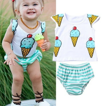 

New 2018 Fashion Newborn Baby Girls Clothes Colorful Ice Cream Tops+Stripe Shorts Outfits 2PCS Set