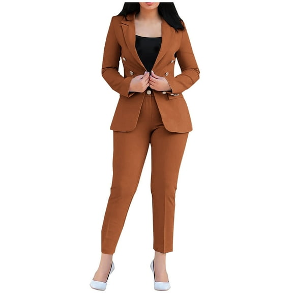 Womens 2 Piece Outfits Women 2 Piece Outfits Sets Summer Clothing Set Female Long Sleeve Blazer Sets Notched Lapel Neck Business Suit Sets Long Pant Style S_39 Women's Tracksuits Coffee S