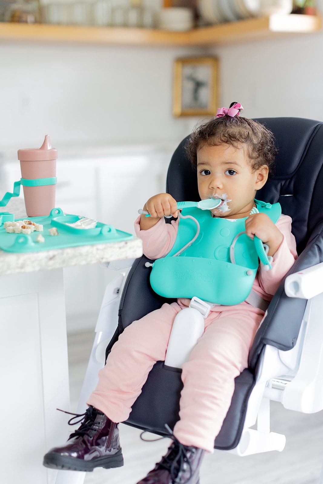 Busy Baby Silicone, BPA-Free Toddler and Baby Bib with Food Catcher and Utensil Straps, Spearmint
