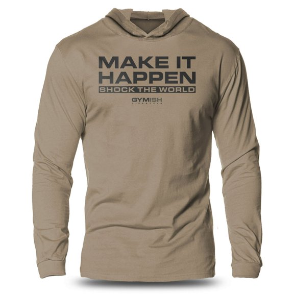GYMISH Shock The World Lightweight Long Sleeve Hooded T-Shirt for Men – Motivational Gym Hoodie, Athletic Workout Shirt
