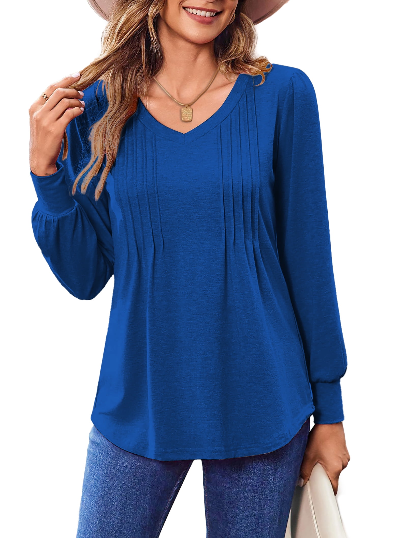 Fantaslook Long Sleeve Shirts for Women Fall Tops Dressy Casual Blouses Pleated V Neck Tunic Tops