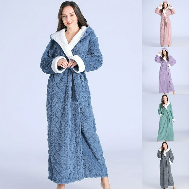 Meichang Long Plush Robe for Women Hooded Fleece Long Sleeve Winter Textured Bathrobe Cozy Fluffy Kimono Robes Soft Fuzzy Lounge Robe