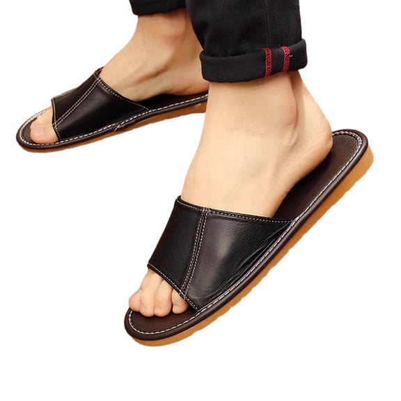 Genuine Leather Open Toe Slippers Sandals,Indoor Flat Slide Sandals Couple Sandals for Women Men,Casual House Shoes for Bedroom and Office