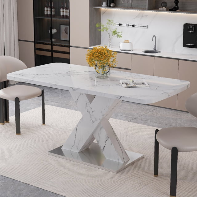 Morufur Modern Rectangle Dining Table with Extendable, White Marble Patterned Table Top with X-Shape Leg and Metal Base