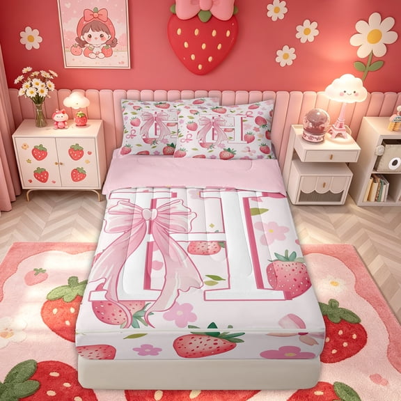 meiyoeat Bowknot Letter Zipper Comforter Set with Fitted Sheet and 2 Pillowcases for Kids, Fruit Strawberry Zipper Bedding Set, Pink, Pink Reversible, 3pcs