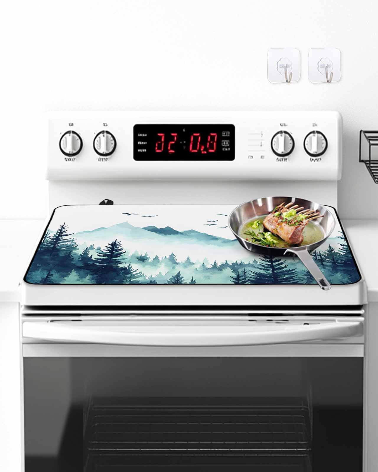 Stove Top Covers for Electric Stove, Turquoise Forest Glass Stovetop Cover Protector, Mountains Birds Fog Tree Scenery Induction Cooktop Protector Oven Mat for Kitchen Countertop 24"x21"