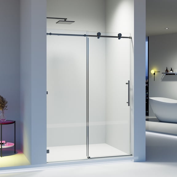 50-54"W x 76"H Frameless Single Sliding Soft-Close Shower Door, 5/16"(8mm) SGCC Tempered Glass, Matte Black