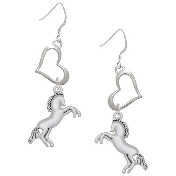 Delight Jewelry Silvertone Small Rearing Horse Open Heart French Earrings