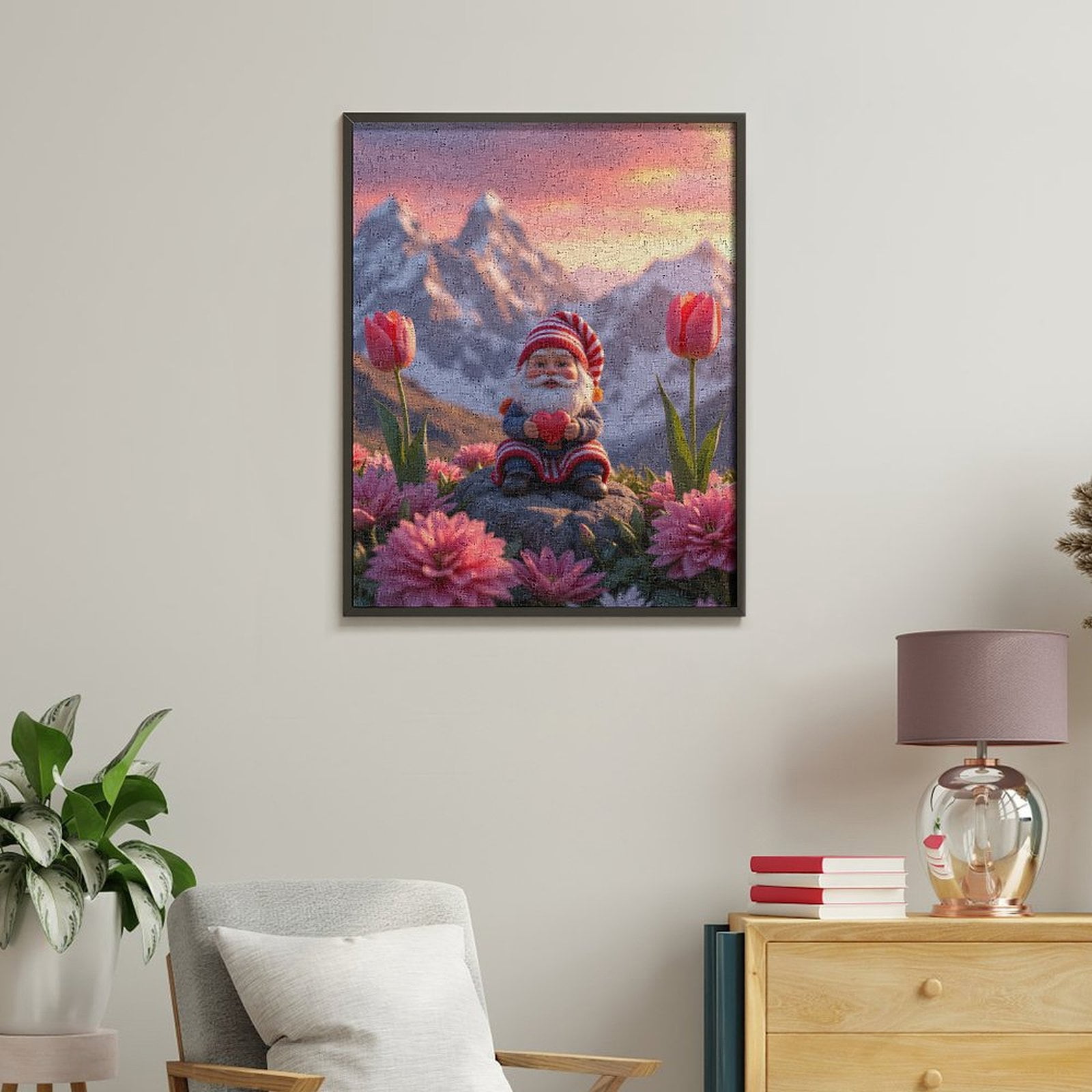 Paint by Numbers Kit for Adults, Gnome On Rock With Heart Flowers Paint by Numbers, Easy Paint by Numbers Kit for Adults Beginner, DIY Adult Paint by Number Kits on Canvas, Home Decor