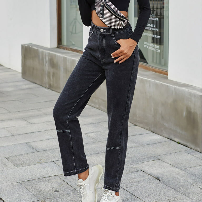 JNGSA Plus Size Baggy Jeans for Women-Wide Leg High-Waist Denim Jeans  Straight Leg Mom Jeans Fashion Loose Stretch Jean Trousers Black M