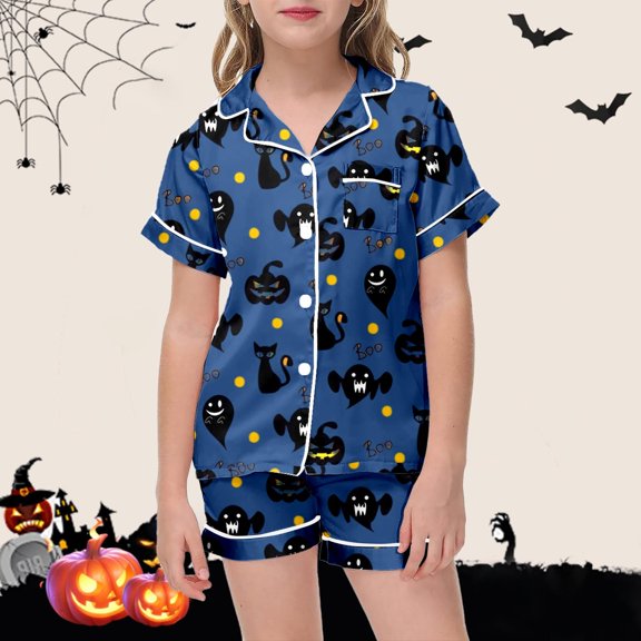 RUTAYY Girls Pajama Set Halloween Cute Ghost Pumpkin Polka Dot Graphic Short Sleeve Top and Shorts Breathable Home Sleepwear Blue