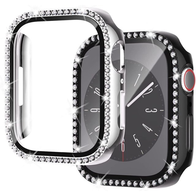 KOMI Case for Series 8 41mm & Series 7 41mm with Screen Protector, 2 Pack Hard PC Bling Bumper Shiny Crystal Diamond Rhinestone Protective Cover for iWatch 8 7 Accessories 41mm Women, Silver+Black