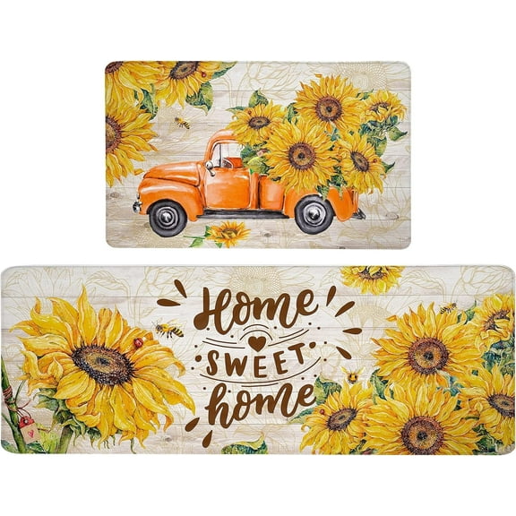 Sunflower Kitchen Rug Set of 2 Anti Fatigue Cushioned Yellow Floral Farmhouse Vintage Kitchen Floor Mats Heavy Duty Non Slip Waterproof Comfort Standing PVC Ergonomic Runner Kitchen Rugs