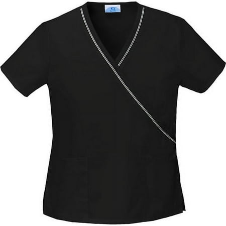 Black Ribbon Trim Mock Wrap Scrub Top, L