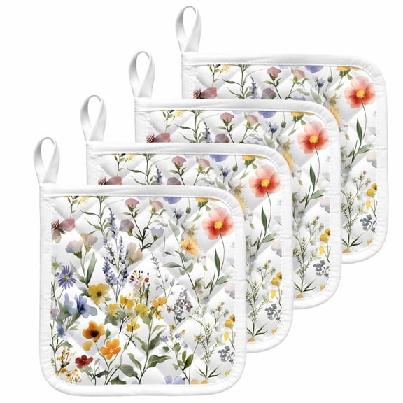 Botanical Flower Pot Holders for Kitchen Heatproof Potholder, 4 Pack Watercolor Retro Spring Farm Leaf Hot Pads Multipurpose Oven Pads Cloth Potholders Trivet for Cooking and Baking