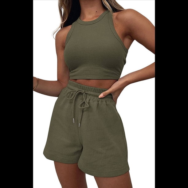 Conjuntos de Verano para Mujer, Conjunto Informal de 2 Piezas con Top Corto y Pantalones Cortos de Punto Gofre, Ropa de Dormir, Verde , Talla S