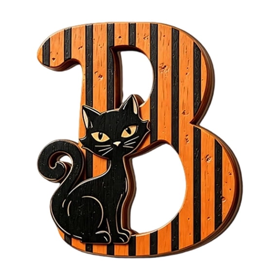 Wooden Letter Halloween Black Cat Striped Wall Sign for Indoor Home Party Door and All Ages Room Display Decor