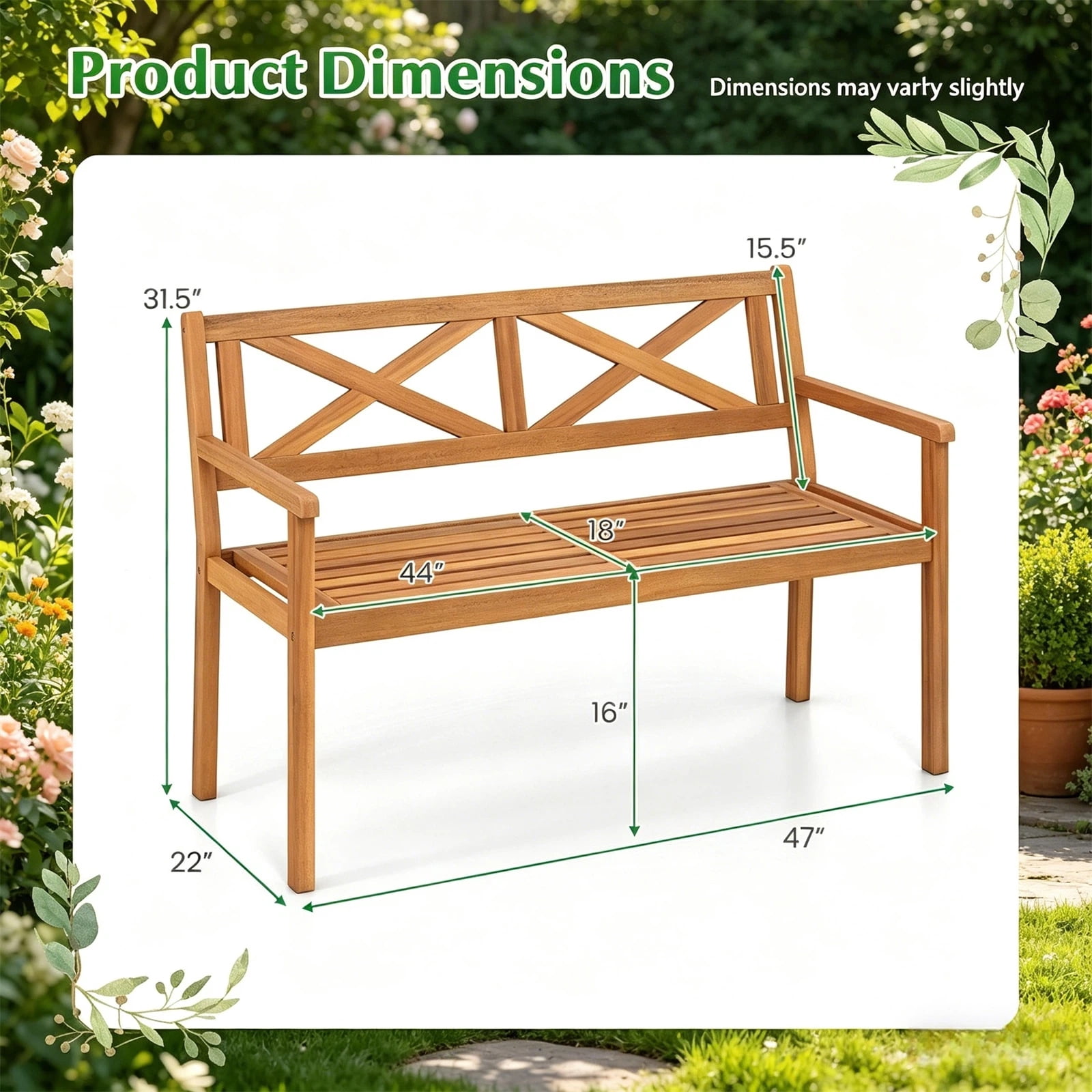 Hommoo 2-Person Patio Acacia Wood Bench, Garden Slatted Loveseat Chair Bench Lounge with Armrests and Backrest for Backyard, Natural