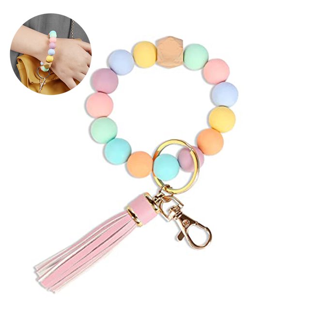 Dinheiro Pulsera de silicona con llavero, llavero de coche con cuentas y borla para mujeres y niñas
