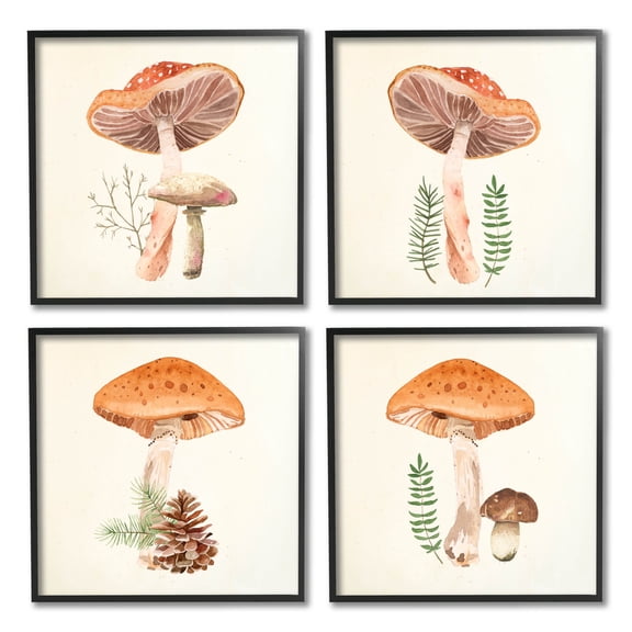 Woodland Mushroom Botanical Sprouts Botanical & Floral Graphic Art Black Framed Art Print Wall Art, Set of 4