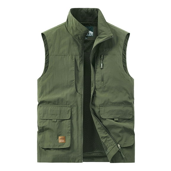 Lovskoo 2024 Men's Casual Outdoor Work Fishing Travel Photo Cargo Vest Jacket Multi Pockets Summer Solid Color Stand Collar Sports Leisure Coat Olive Green L