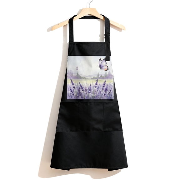 RKSupls Waterproof Bib Apron with 3 Pockets, Purple Lavender Flowers Adjustable Neck Strap Soft 100% Polyester Water Resistant Apron for Kitchen Restaurant Home Use