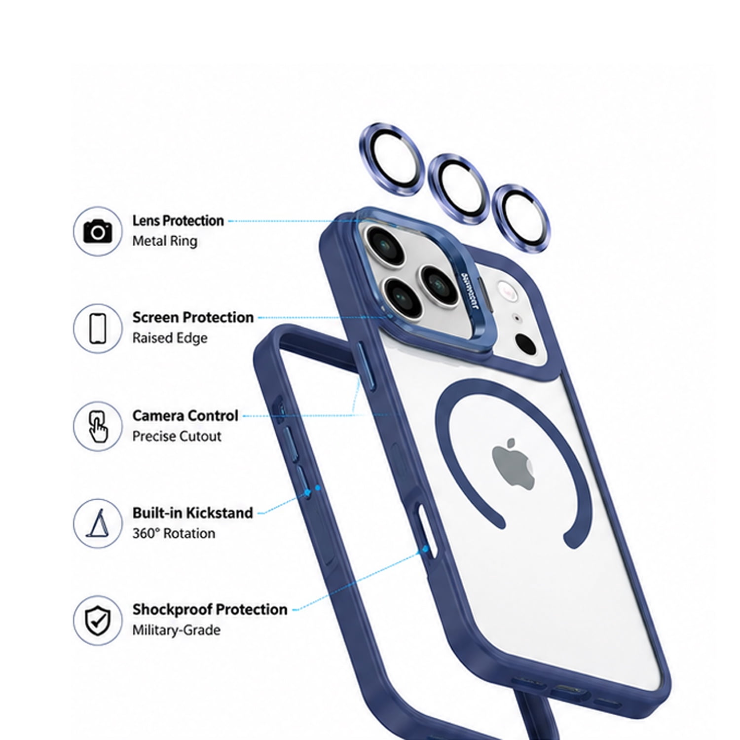 Clear Magnetic Case with Camera Cover for iPhone 17 Pro Max - Dark Blue