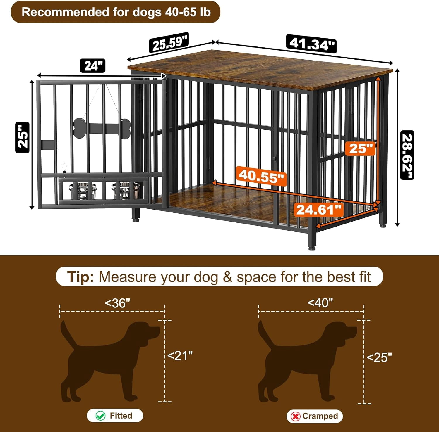 POAO 41" Dog Crate Furniture Foldable, No Assembly Decorative Dog Kennel Indoor, Dog Crates for Large Dogs(40-65 lb), Wooden Dog Cage with Adjustable Bowls and Name Tag, End Table, Rustic Brown