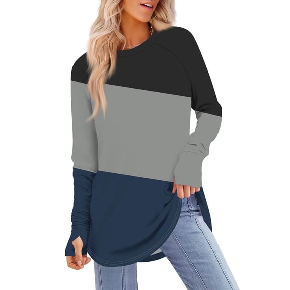 UTSJKR Long Sleeve Shirts for Women Color Block Print Tops Dressy Casual Thumb Hole Tunic Tee Crewneck Blouses Gray XL