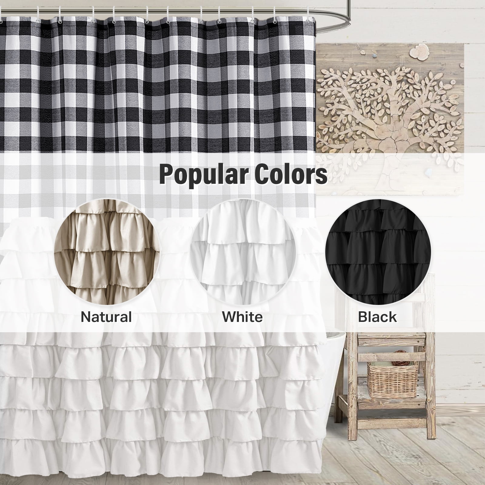 Farmhouse Shower Curtain Black and White Buffalo Plaid Pattern Fabric with Buttons & White Ruffles 72"x72"