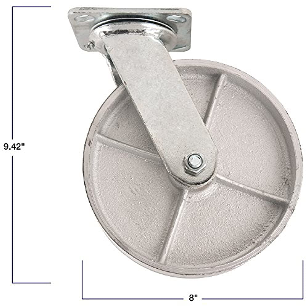 Steel Caster Wheel with Swiveling Top Plate Load Capacity Great for Stationary Loads that are Not Frequently Moved 1050 lb 8-Inch