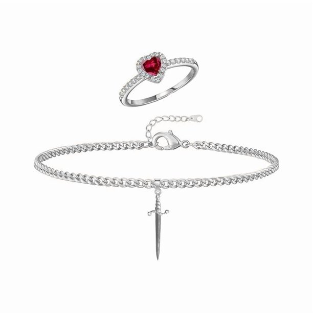 Juego de pulseras de espada con forma de corazón para parejas, oro y plata, juego de anillos y pulseras a juego con espada, cadena de eslabones de espada, piedras preciosas rojas, anillo de promesa