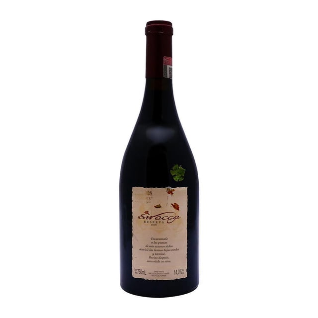 pack de 2 vino tinto santo tomás sirocco reserva syrah 750 ml, pack mostrado con una botella frontal oscura y etiqueta crema; vino mexicano Valle Santo Tomás elaborado con uva Syrah, 750 ml por botella.