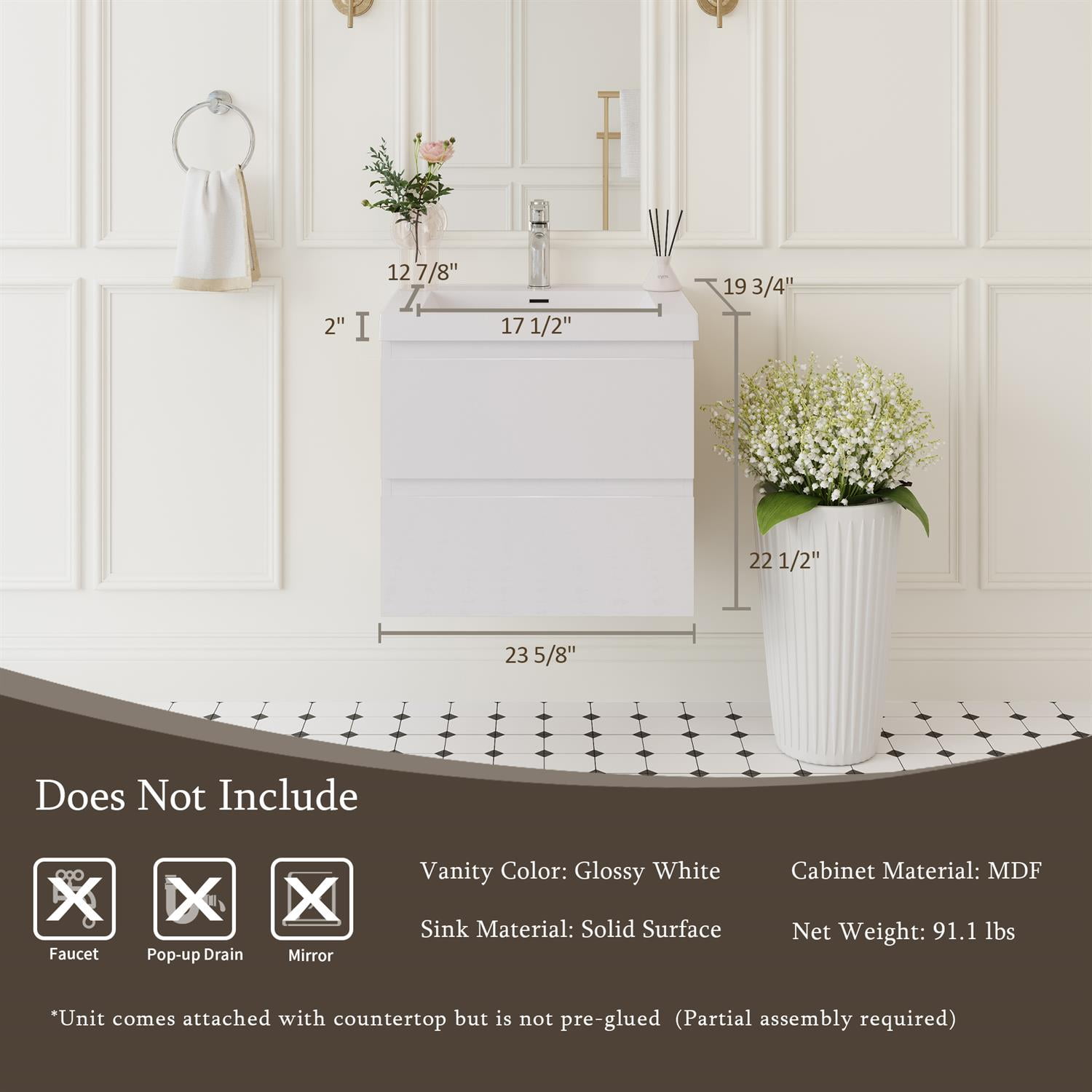 Demi Bonn 24" Floating Bathroom Vanity with Sink, Resin Top Basin and 2 Soft Close Drawers, Faucets and Drains Not Included, White