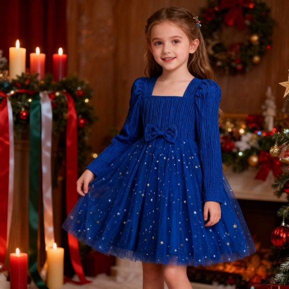 Ulitacool Dresses For Girls Christmas O Neck Graphic Prints Sundress Long Sleeve Gown Durable Wear 6-7 Years Blue