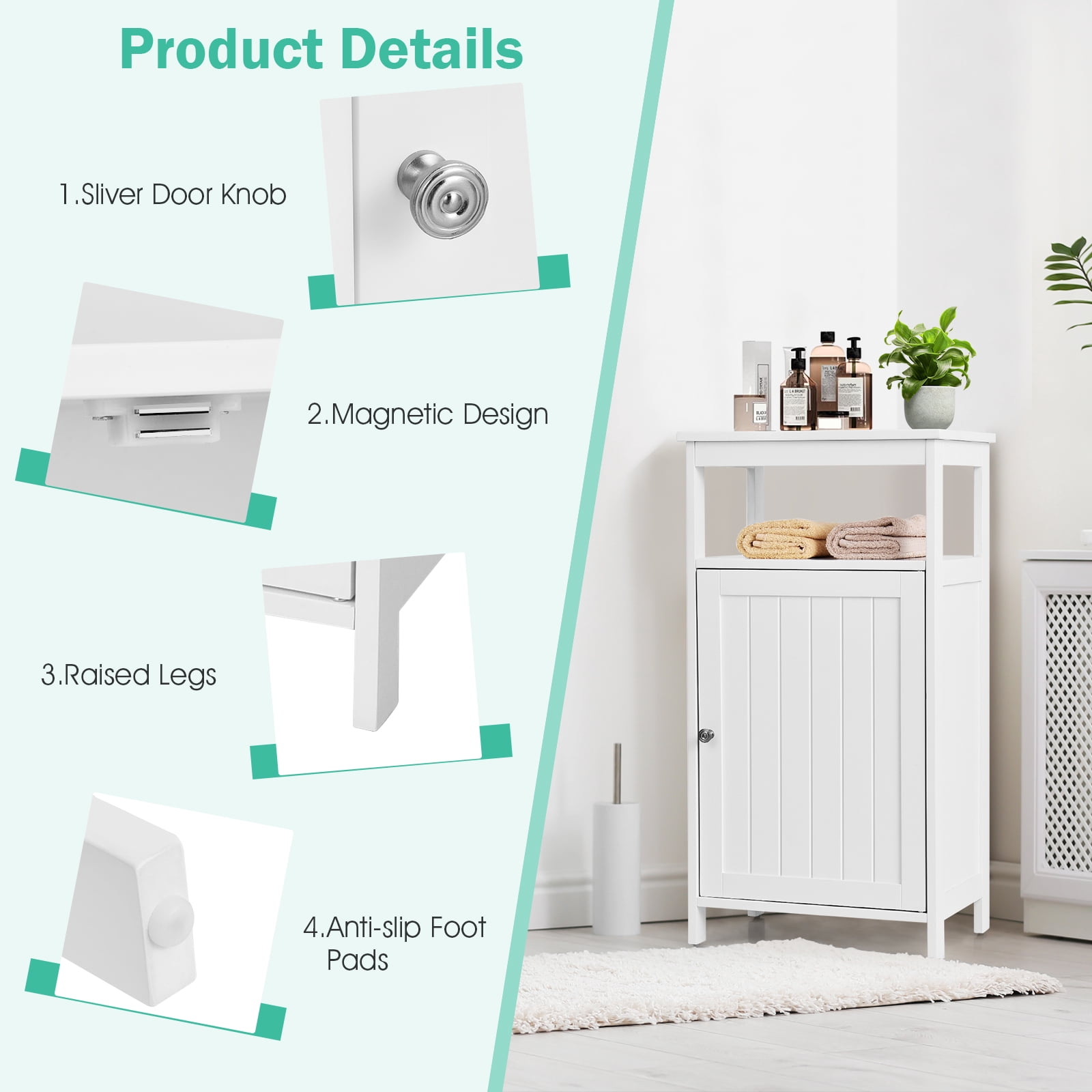 Costway Bathroom Wooden Floor Cabinet Multifunction Storage Rack Organizer Stand White