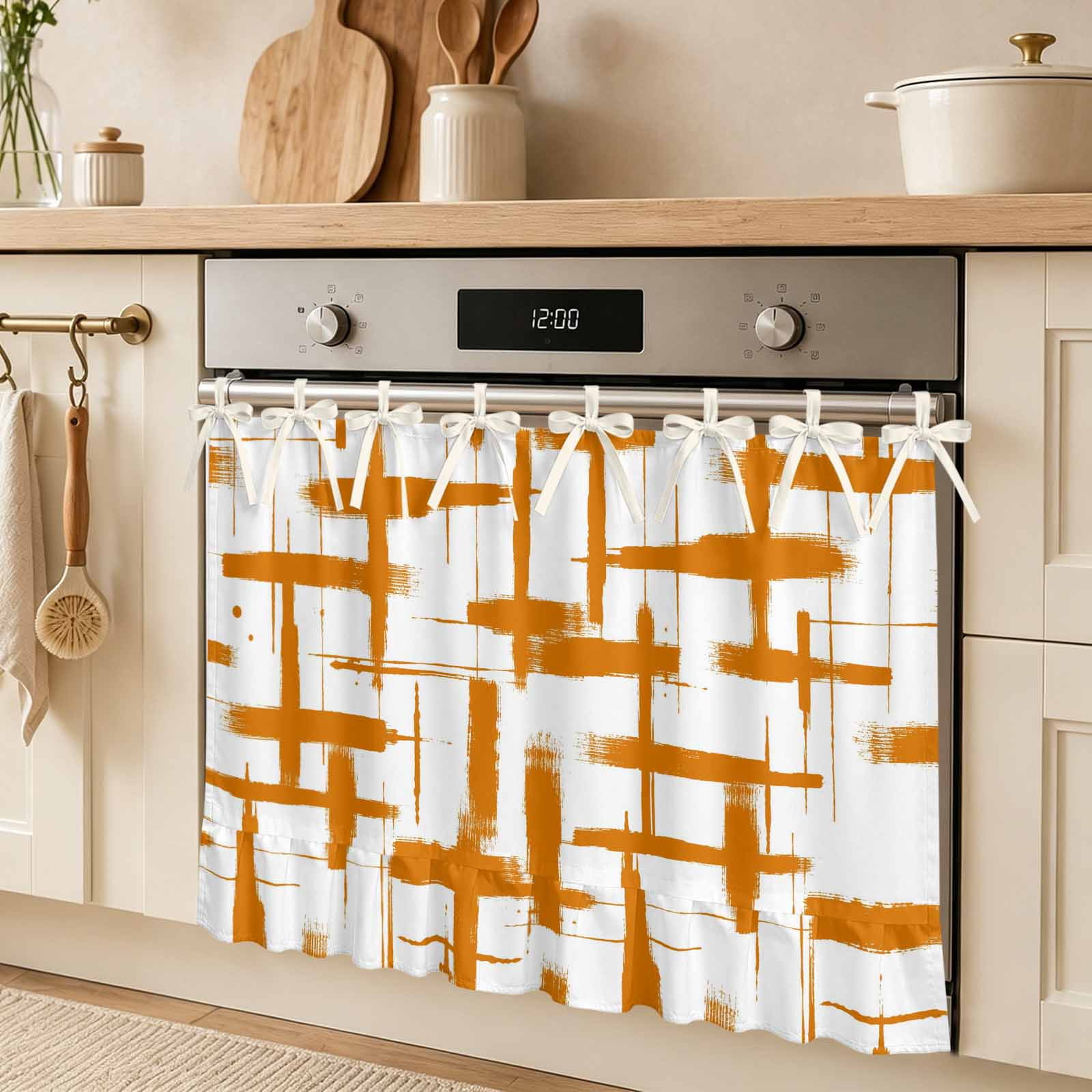 Orange Strokes Lines Oven Skirt Curtain Modern Abstract Geometric Minimalist Stripes Tie Top Tier Curtains Stove Dishwasher Skirt Small Window Drapes for Kitchen Bathroom Cafe 30 x21.5