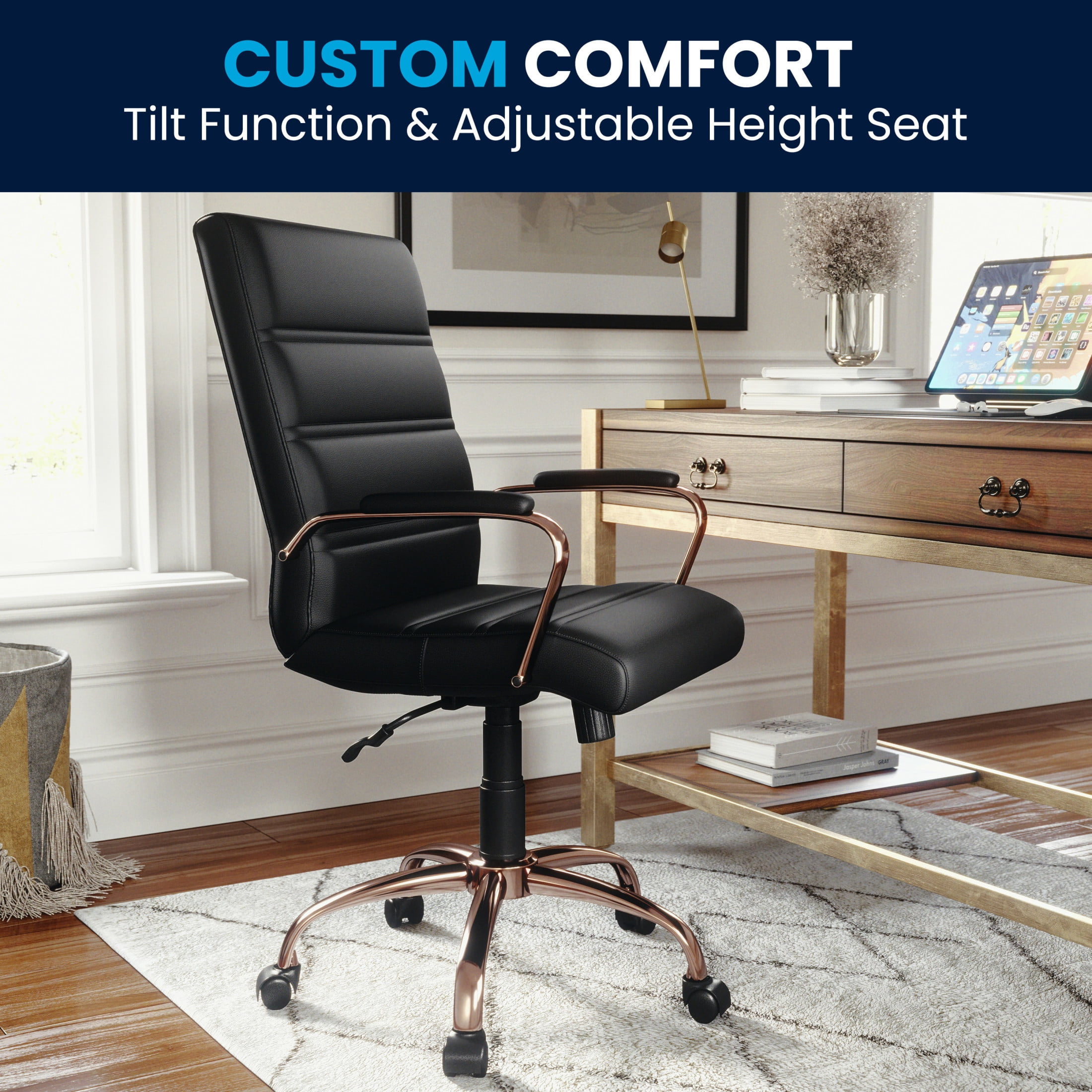 Flash Furniture Whitney Mid-Back Swivel LeatherSoft Desk Chair with Armrests, Black/Rose Gold