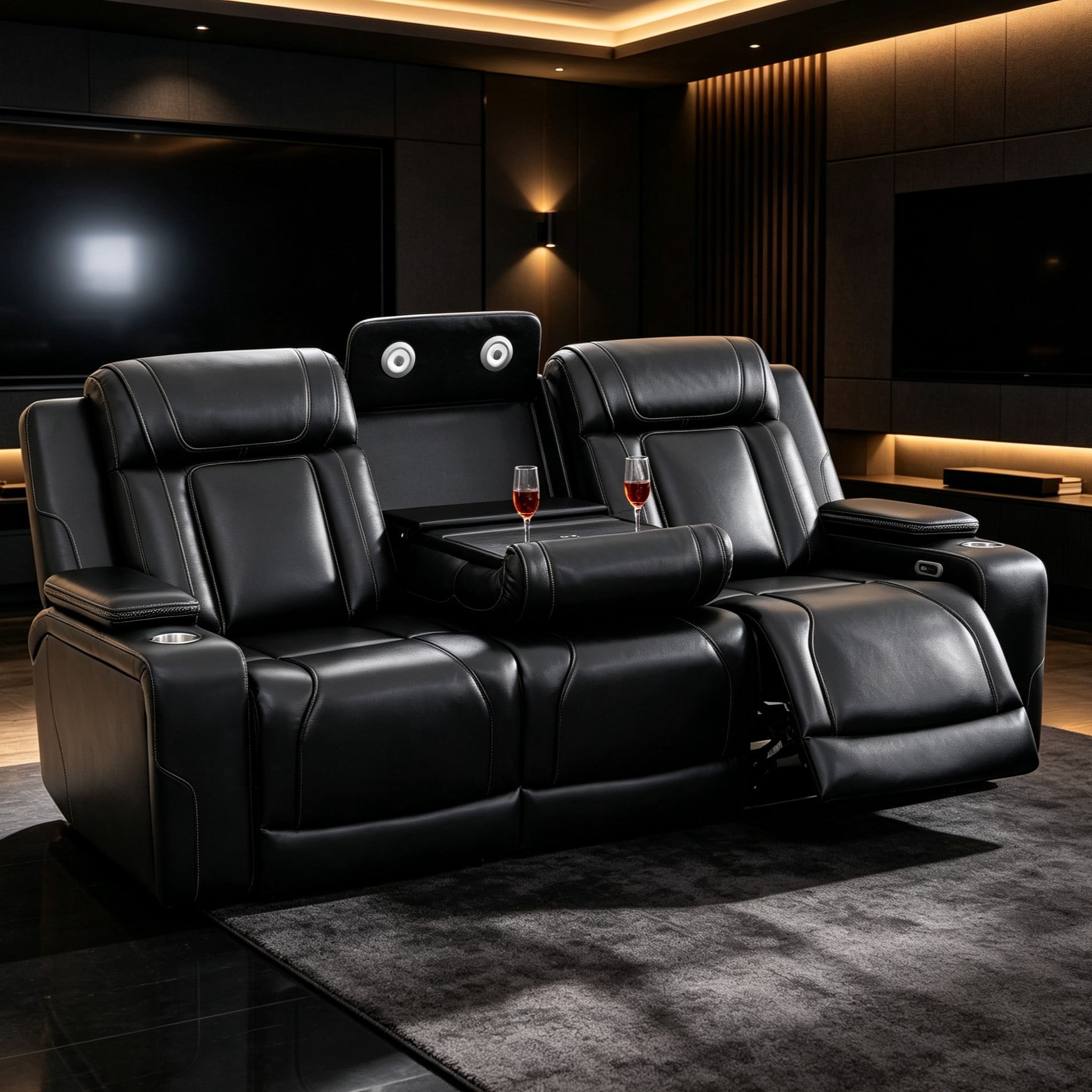 Gewnee 3‑Seater Power Recliner Sofa, Air Leather, USB & Type‑C Wireless Charging, Armrest Storage, Flip‑Up Tea Table, LED Light, Home Theater Seating for Living Room，Black