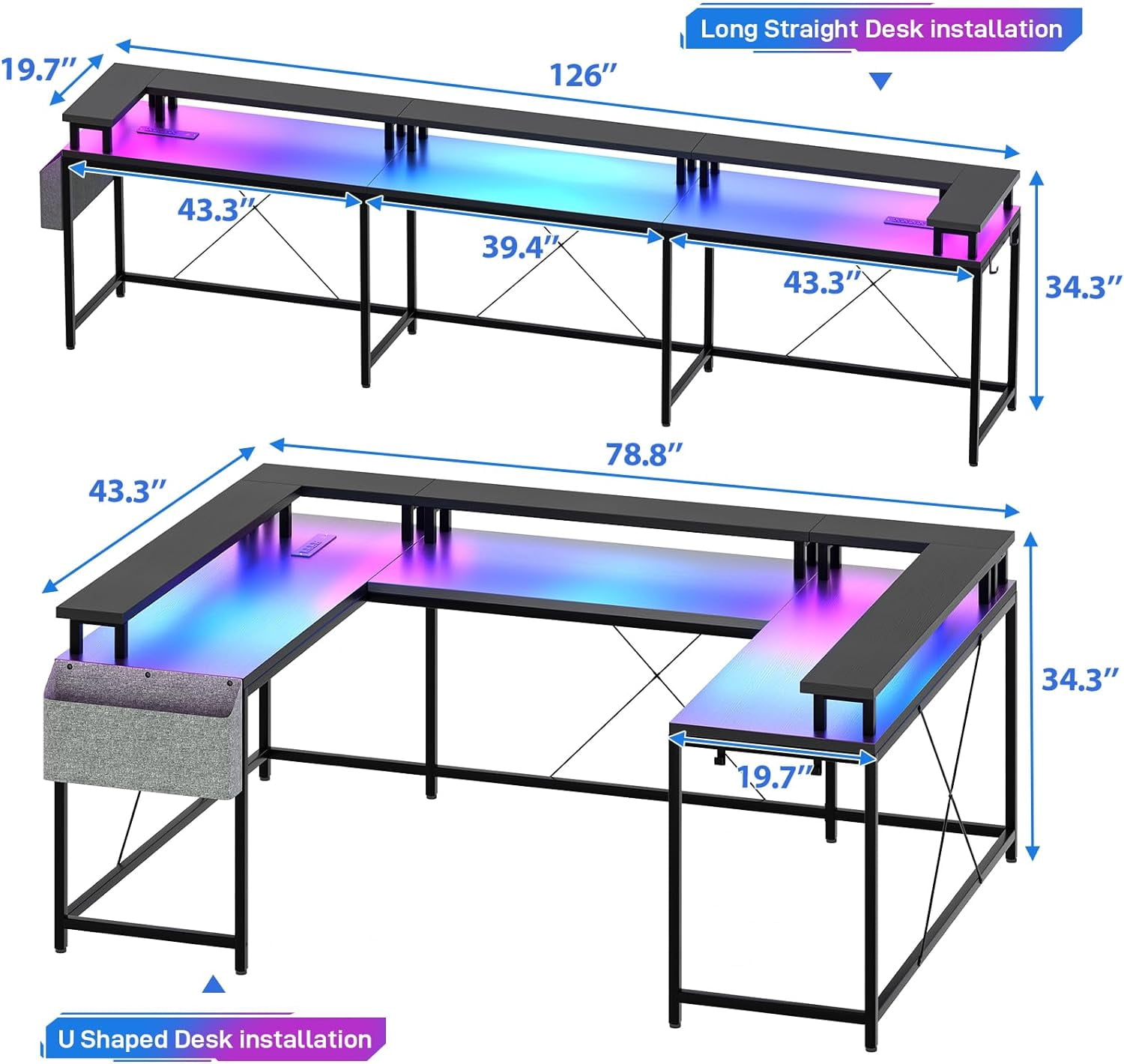 U Shaped Desk with Power Outlets & LED Lights, 79" Reversible L Shaped Desk, Corner Computer Desk Office Desk with Full Monitor Stand, Black