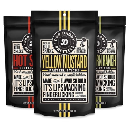 Pop Daddy Variety, 7.5oz Bold Flavored Pretzel Sticks 3 Pack- Hot Sauce (1), Peppercorn ranch(1) and Yellow Mustard(1)
